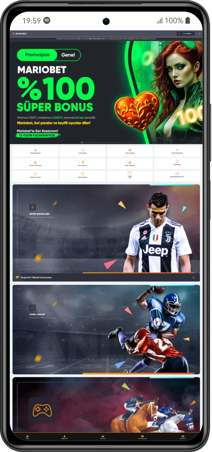Mariobet ana ekranı, apk dosyasını Android telefonuna indirdiğinde.