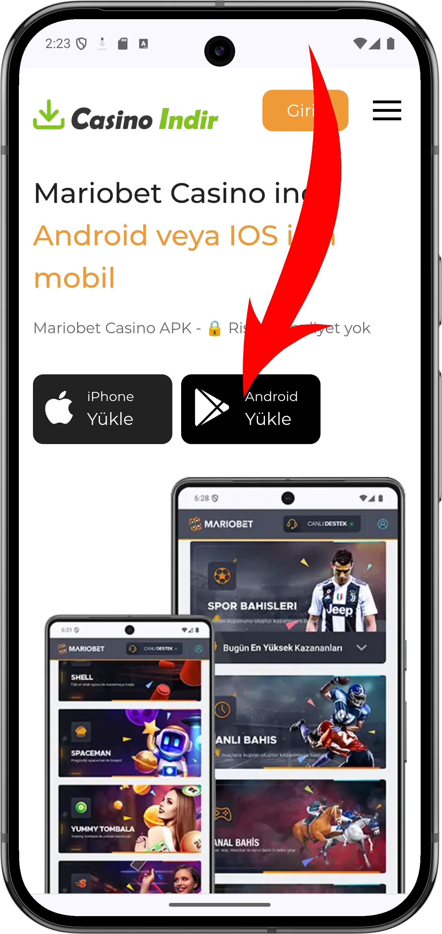 Site ekranının ok tuşuyla ekran görüntüsü - Android Yükle