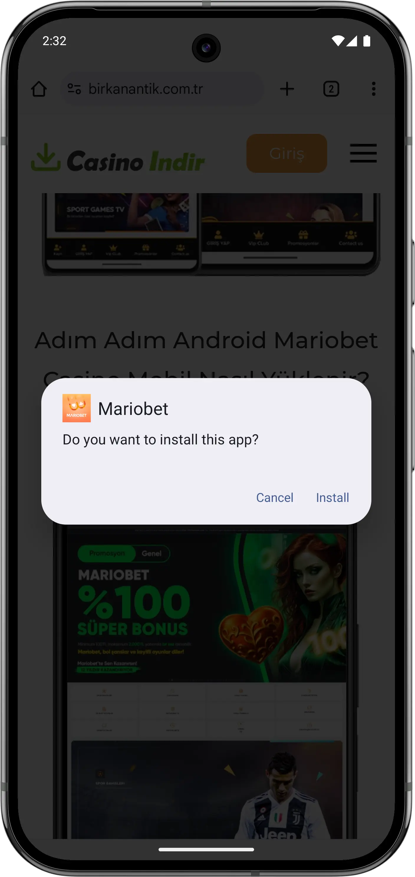 Mariobet apk'yi yüklemek için Install düğmesine basmanız gereken cep telefonu ekran görüntüsü